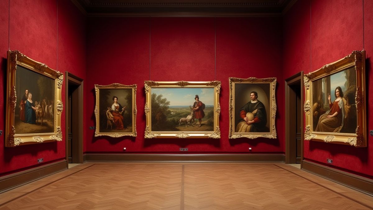 Galerie renacentiste avec tableaux et cadres dorés