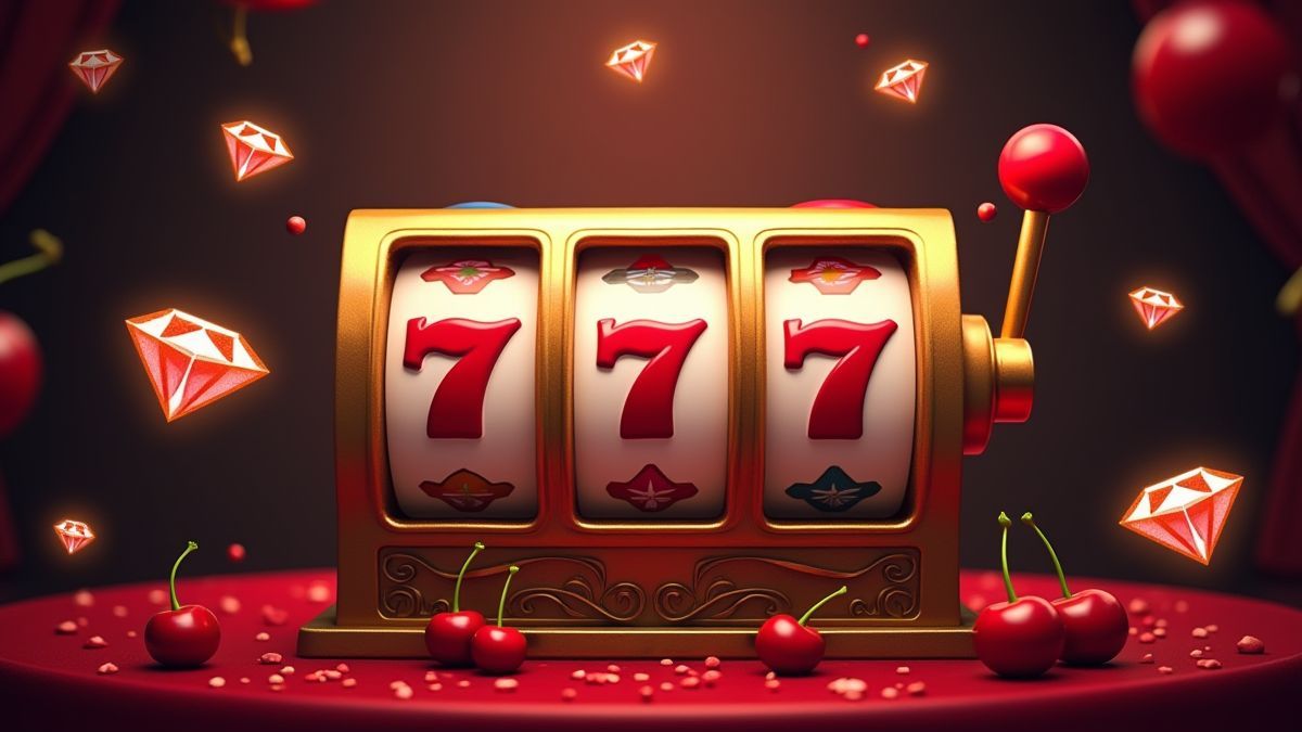 Machine à sous rétro avec des cerises et des diamants dans un cadre de casino classique.