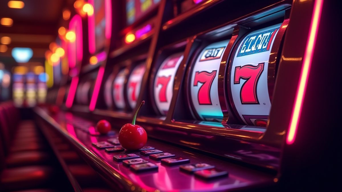 Lumières de néon brillantes et symboles classiques de machines à sous dans une ambiance rétro de casino.