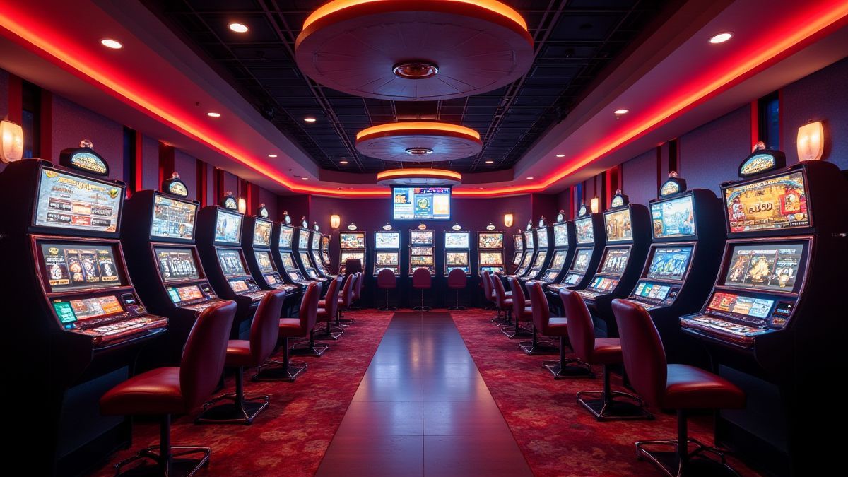 Un lobby de casino en ligne avec des écrans lumineux et une ambiance accueillante.