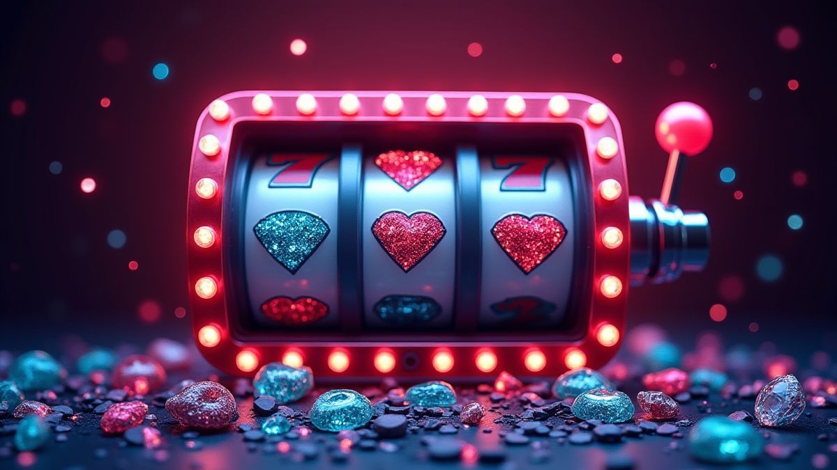 Retro slot machine with sparkling diamonds and neon lights.
