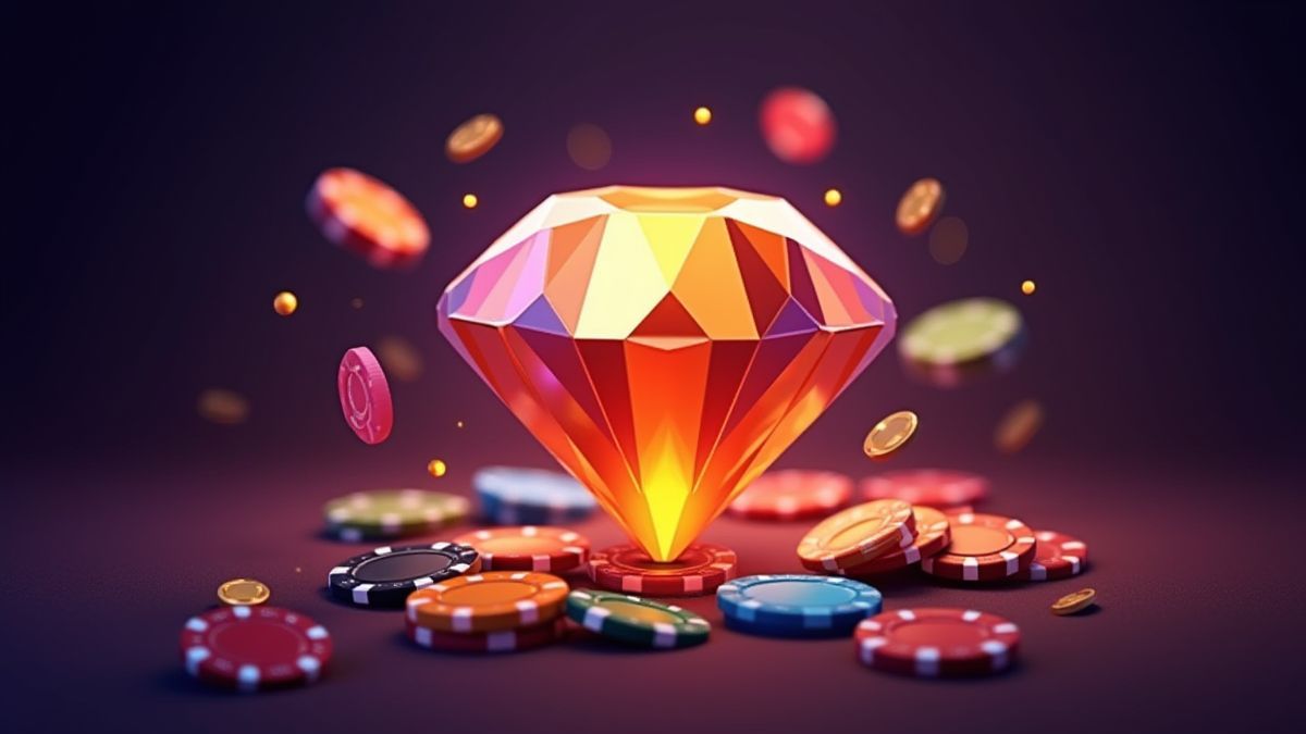 A shiny diamond surrounded by casino chips and a glowing reel.