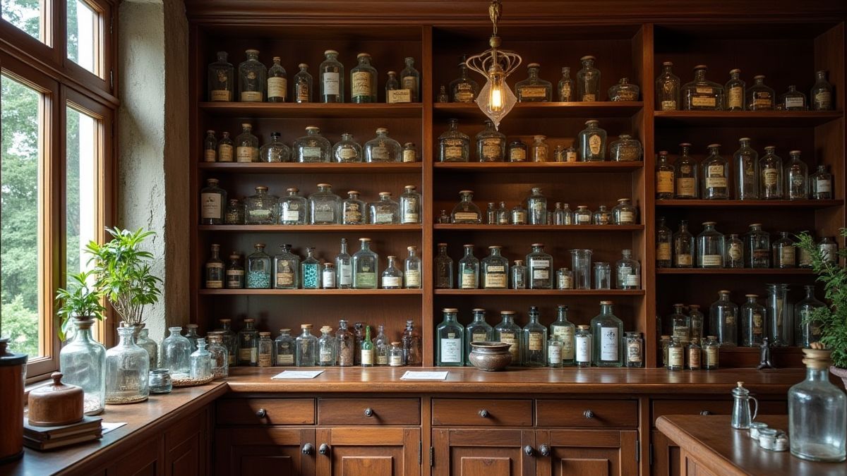 Interieur van een vintage apotheek met houten planken