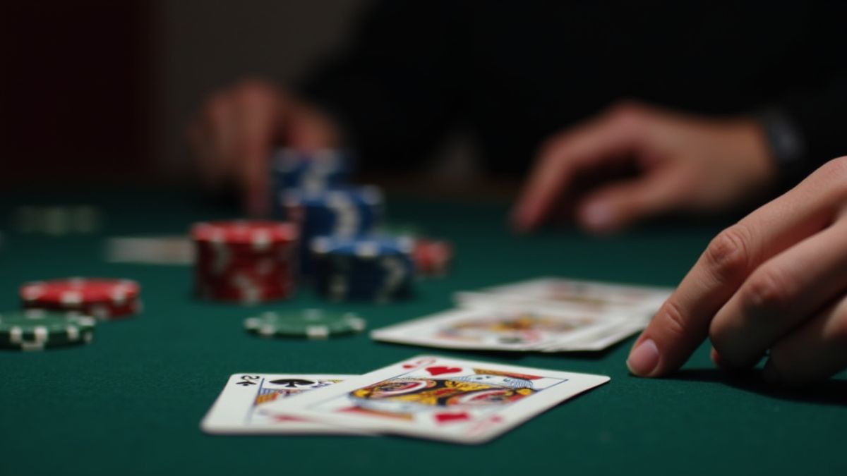 Fichas de pôquer e cartas em uma mesa com a mão de um crupiê.