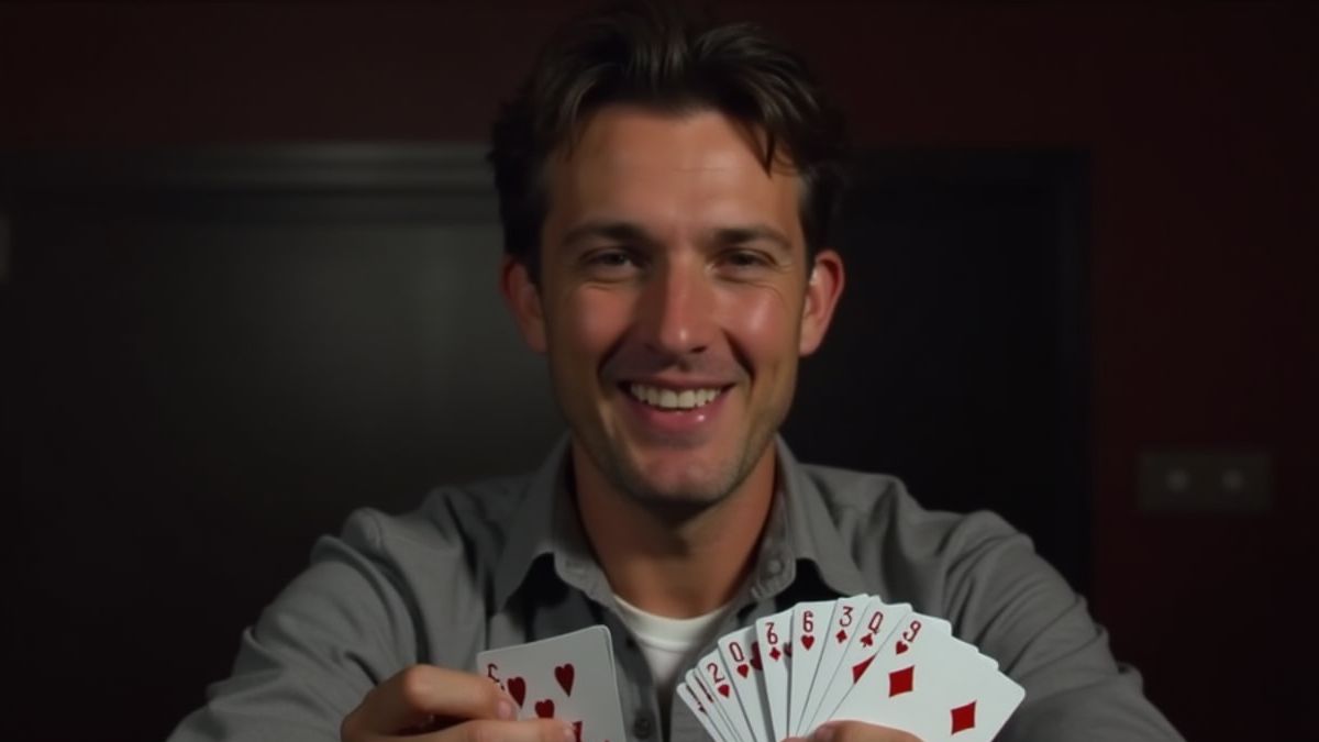 Jogador de pôquer confiante sorrindo enquanto segura cartas.