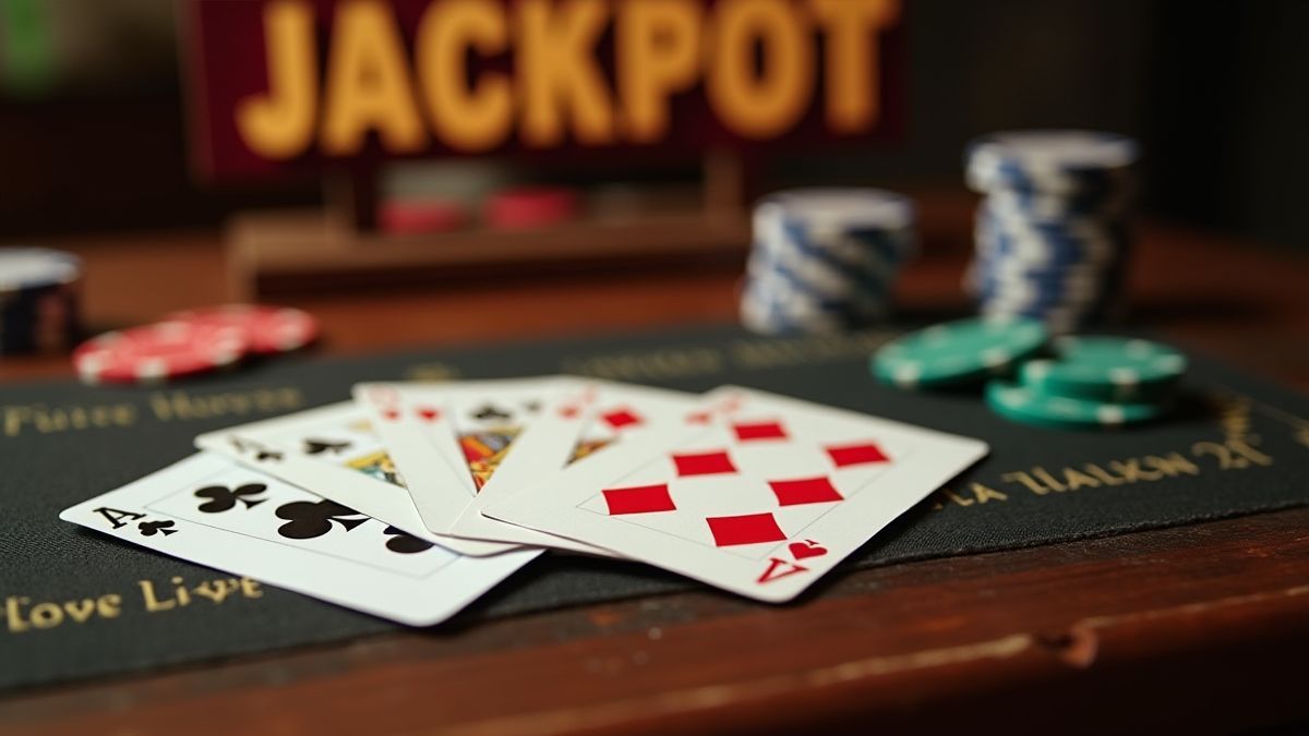 Pokerkarten und Chips auf einem Holztisch.