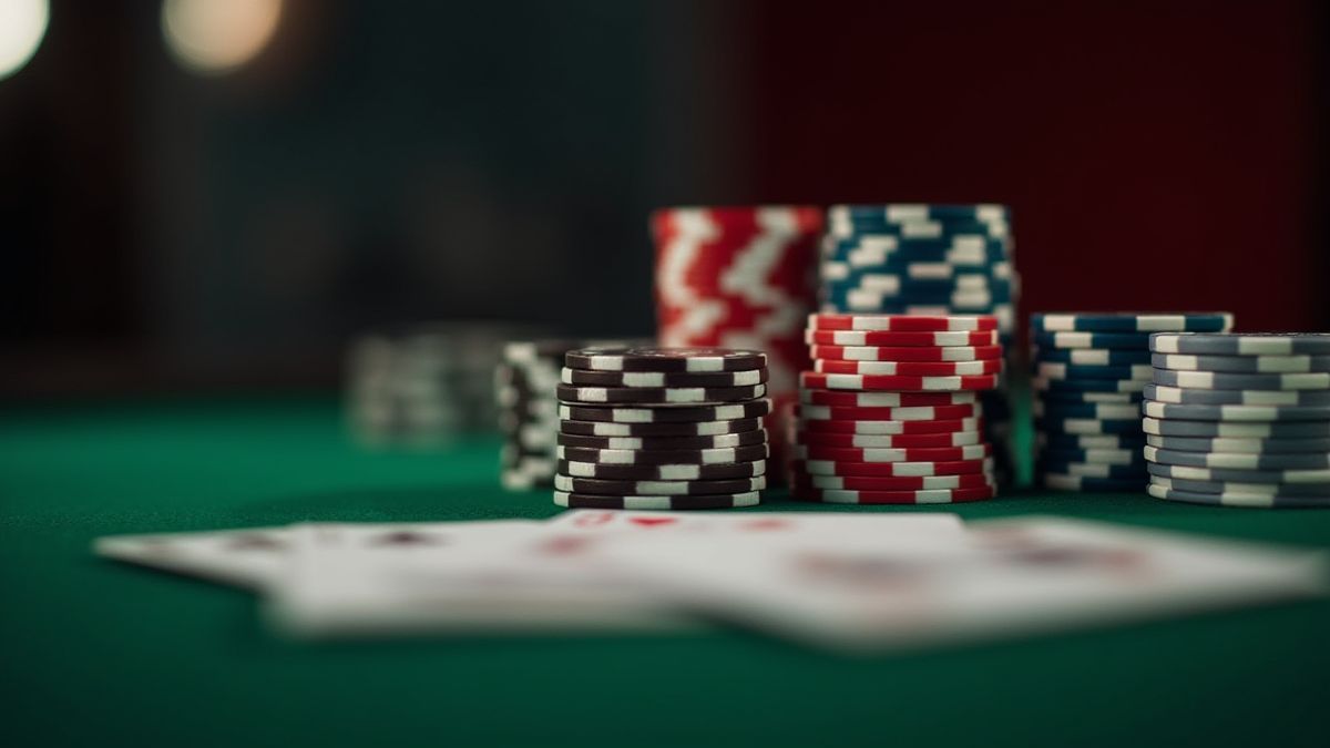 Pokerchips und Karten auf einem Casino-Tisch.