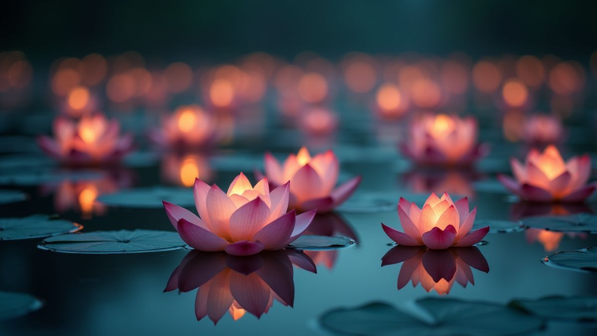Lotusblumen, die auf Wasser schwimmen, mit sanft leuchtenden Laternen im Hintergrund.