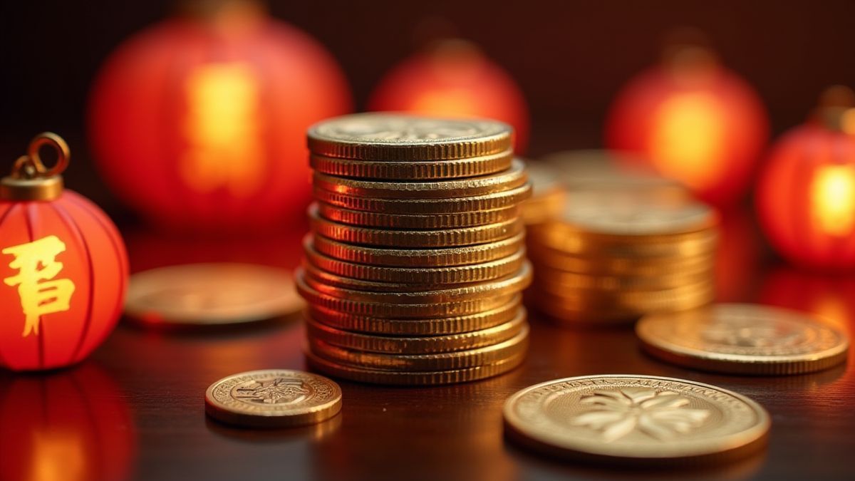 Münzstapel mit gravierten asiatischen Symbolen, umgeben von leuchtenden Laternen.