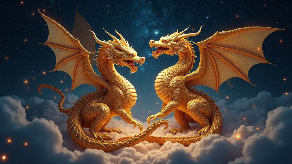 Goldene Drachen, die mit leuchtenden Orbs unter einem sternenklaren Nachthimmel verwoben sind.