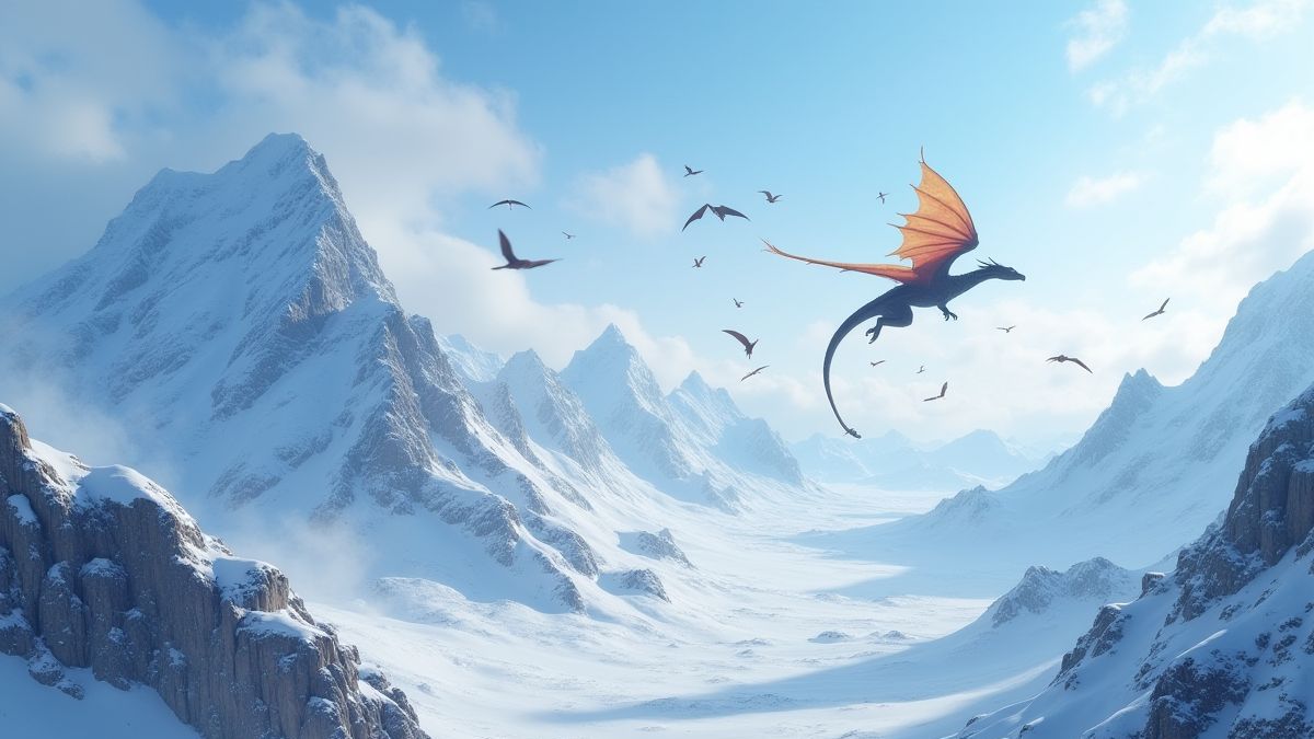 Paisaje montañoso nevado con dragones mágicos volando.