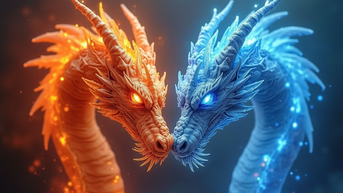 Cabezas de dragón mágicas brillando con energía de fuego y hielo.