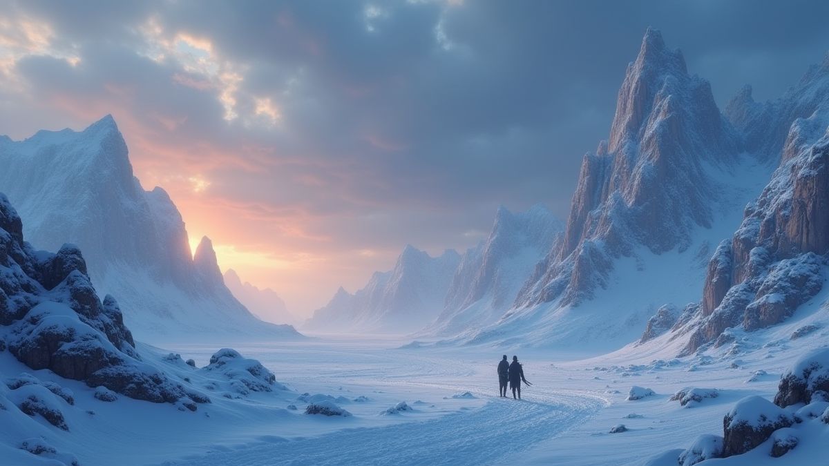 Paisaje nevado épico con siluetas de dragones brillando en la distancia.