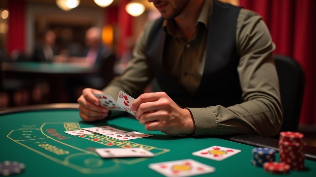 Jugador analizando cartas de blackjack en una mesa de casino