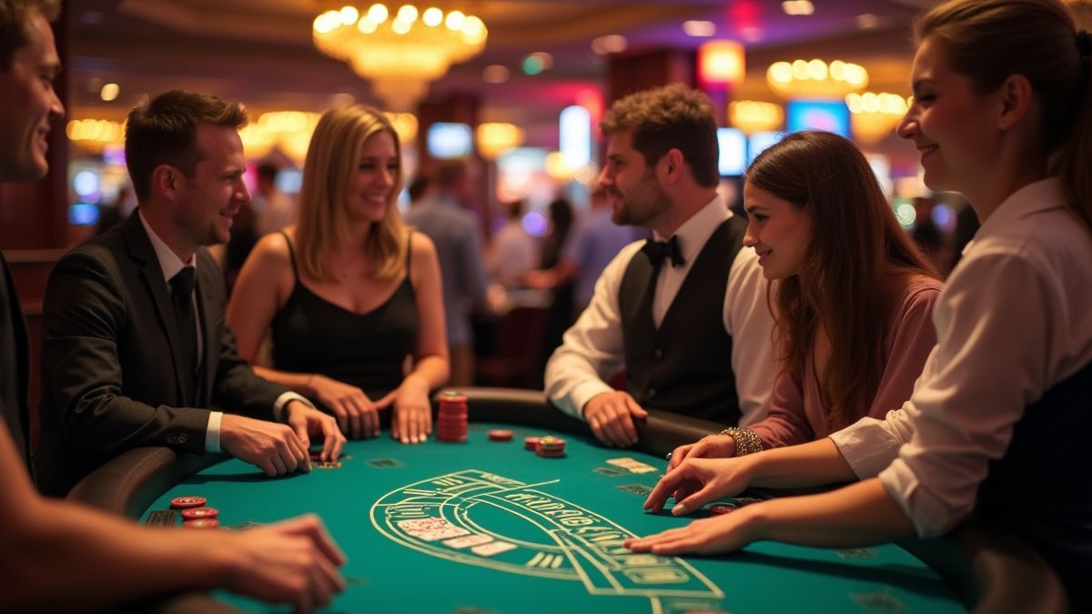 Personas jugando blackjack en un casino con ambiente festivo.