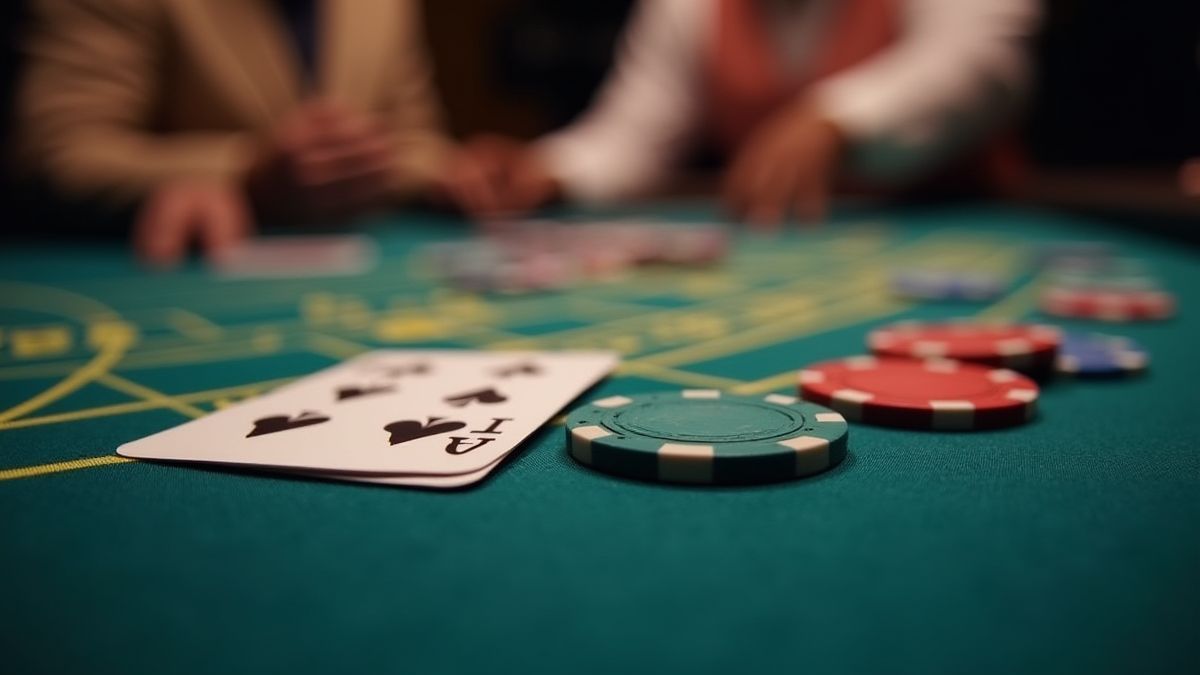 Mesa de blackjack com fichas e cartas sob iluminação suave.