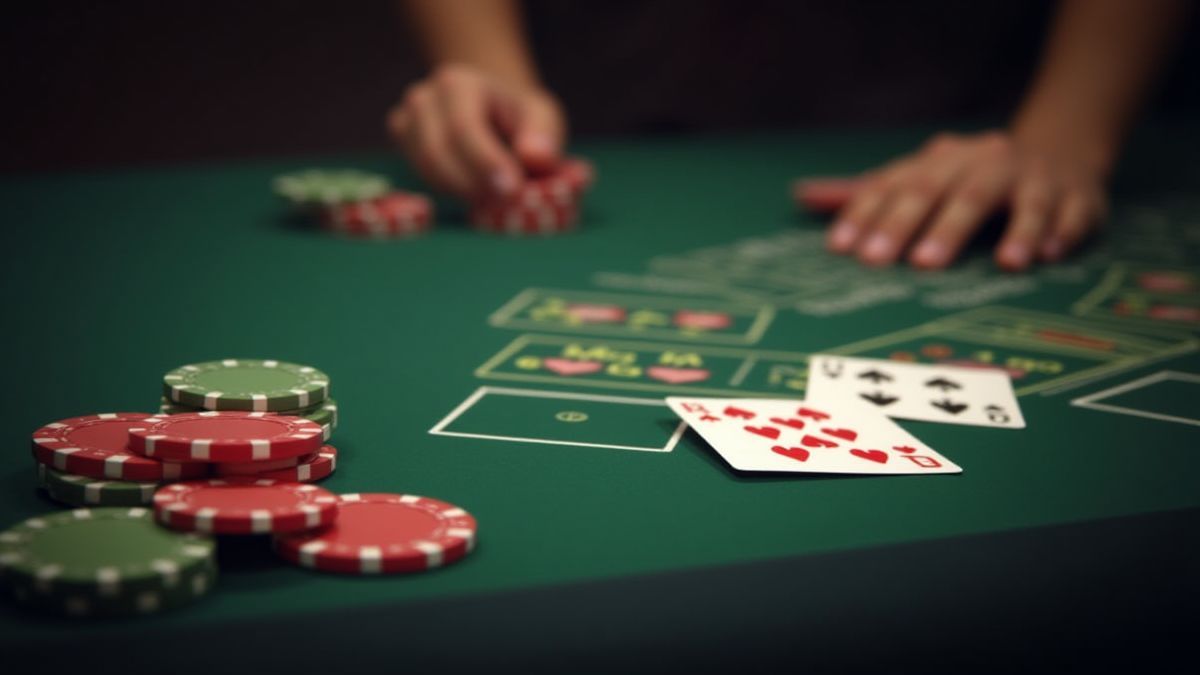 Fichas pequenas e cartas baixas em uma mesa de blackjack.