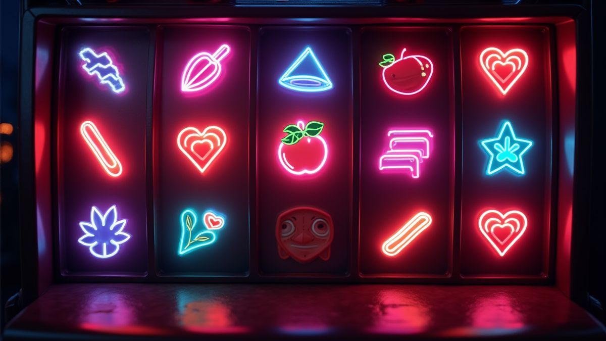Gloeiende neon symbolen op een klassieke gokkast scherm