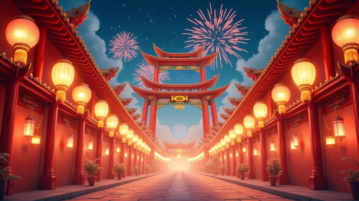 Scène d'un festival chinois avec lanternes, feux d'artifice et décorations traditionnelles.