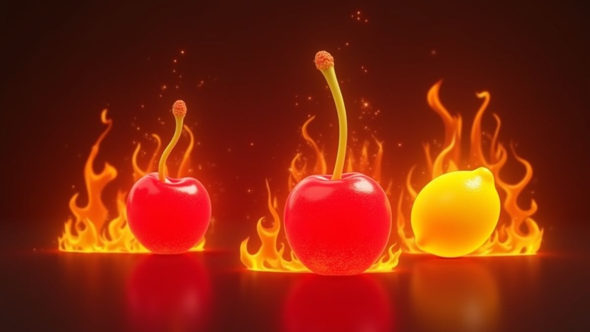 Frutas brillantes rodeadas de llamas en un diseño animado.