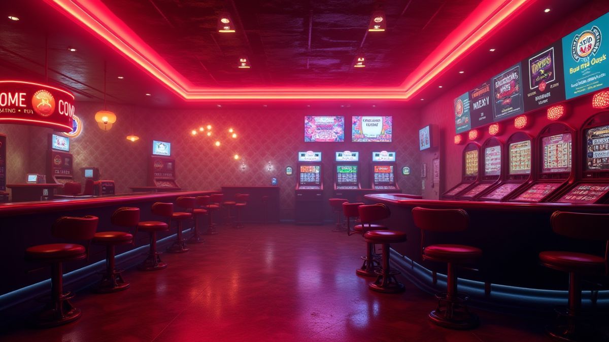 Entorno de casino retro con luces de neón y fondo ardiente.