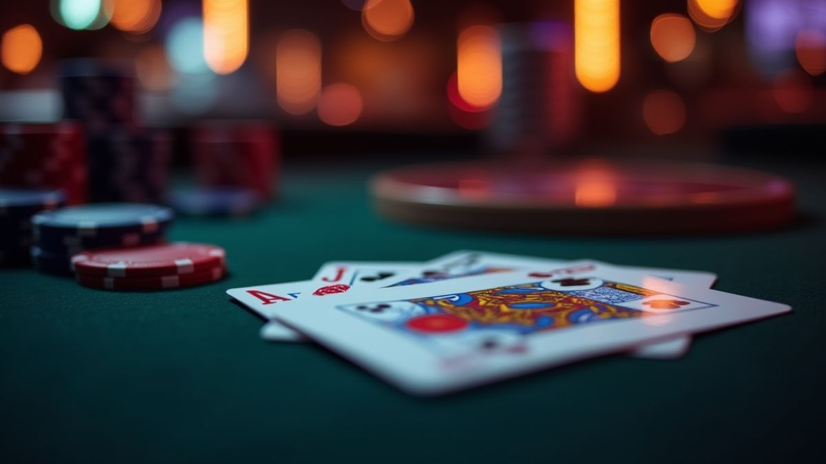 Pokertisch mit Karten und Chips unter ambientem Licht.
