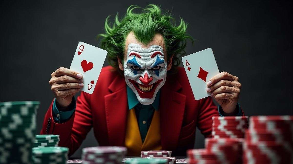 Een joker die kaarten vasthoudt, omringd door pokerfiches.