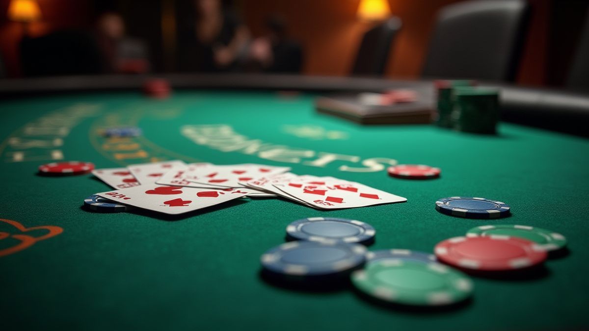 Poker tafel met jokers tussen kaarten en fiches.