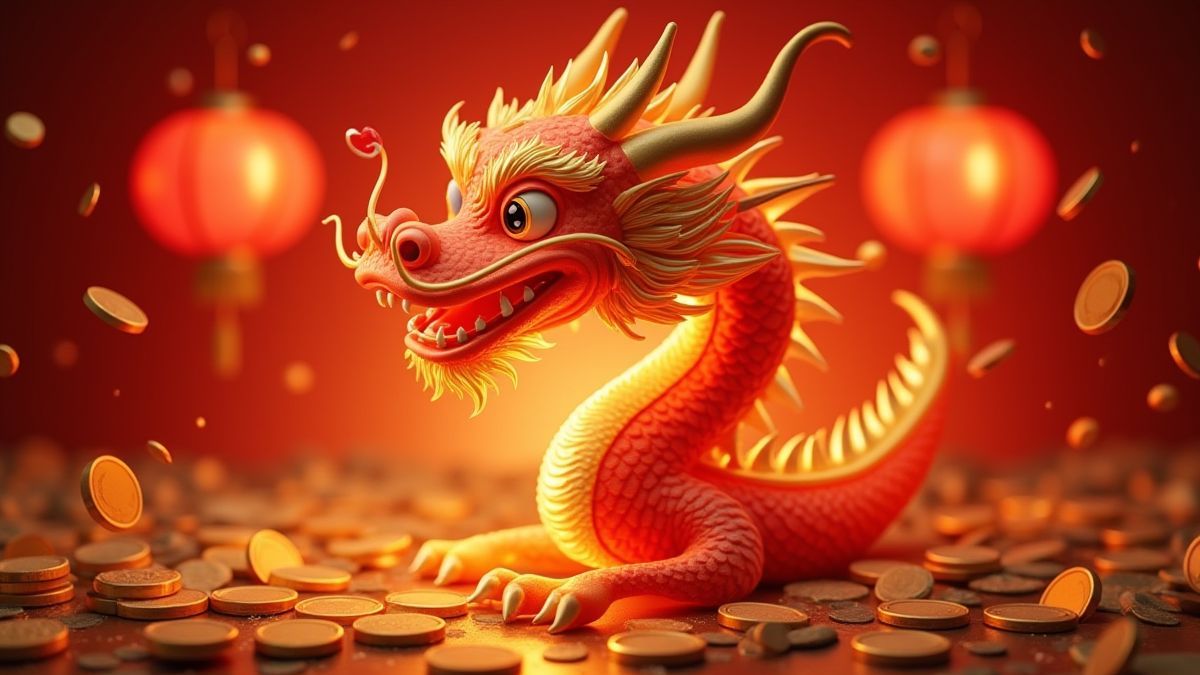 Een Chinese draak omringd door gouden munten en rode lantaarns.