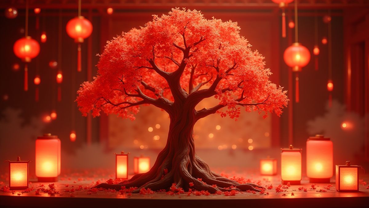 Een Chinese geluksboom omringd door gloeiende lantaarns.