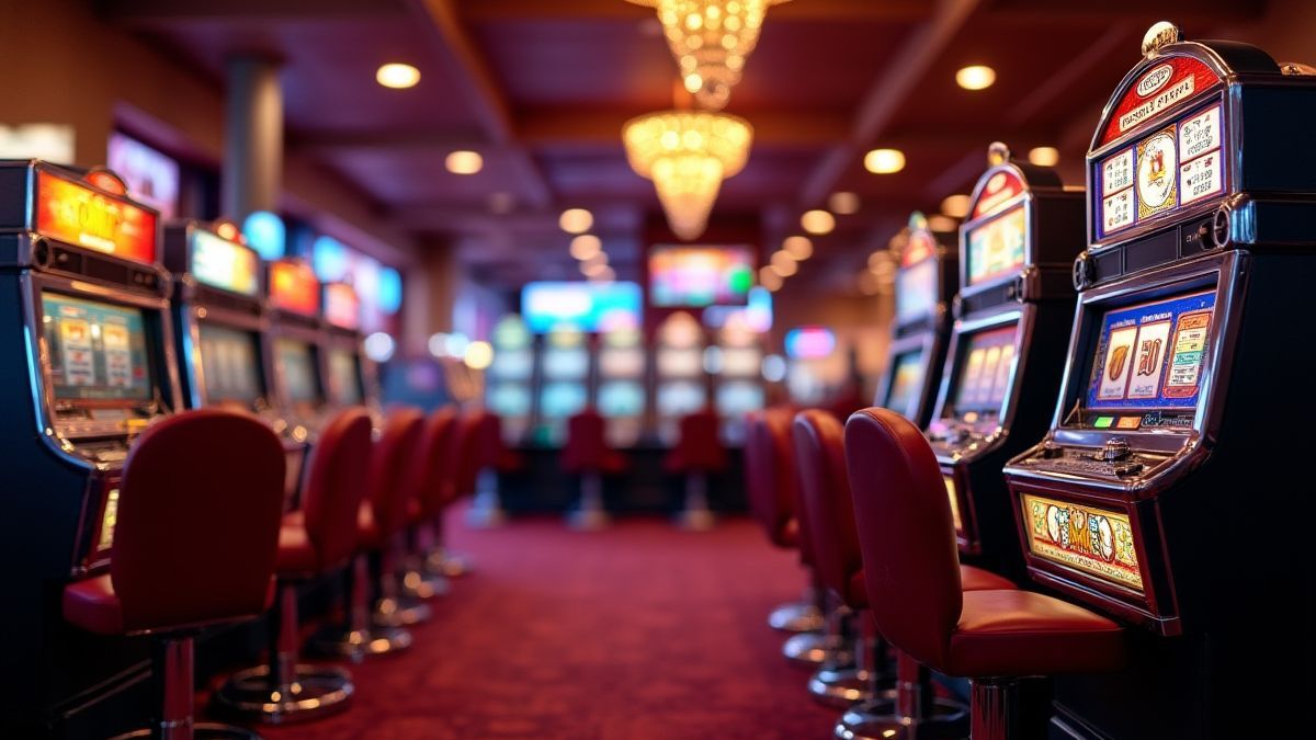 Un sol de casino retro avec machines à sous classiques et lumières brillantes.