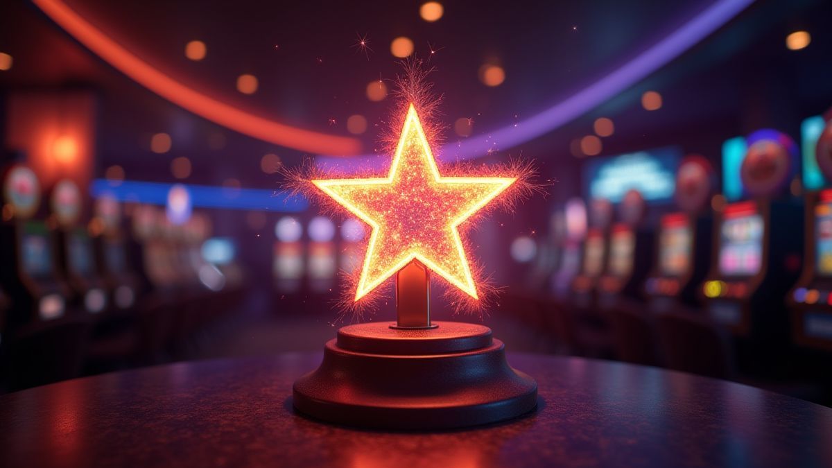 Une étoile magique brillante sur une machine à sous dans un environnement de casino rétro.