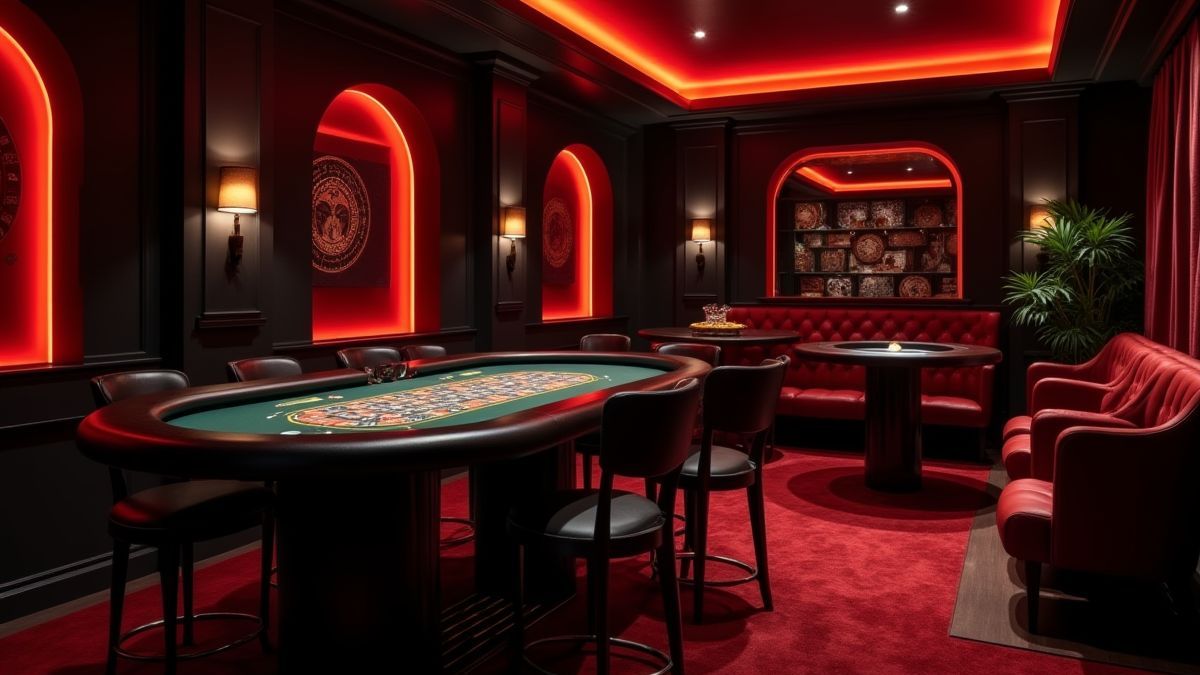 Uma sala de cassino elegante com decoração temática de espiões.