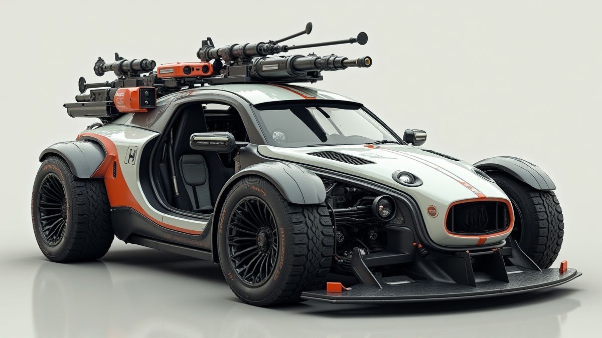 Um carro futurista equipado com armas e gadgets.