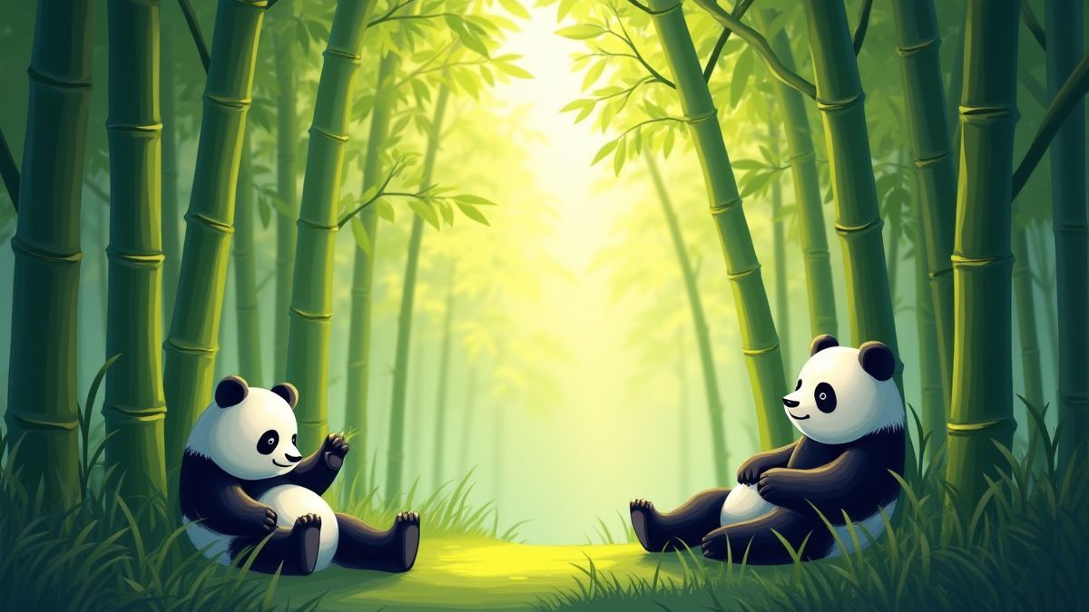 Ein Bambuswald, der von der Sonne beleuchtet wird, mit ruhenden Pandas.
