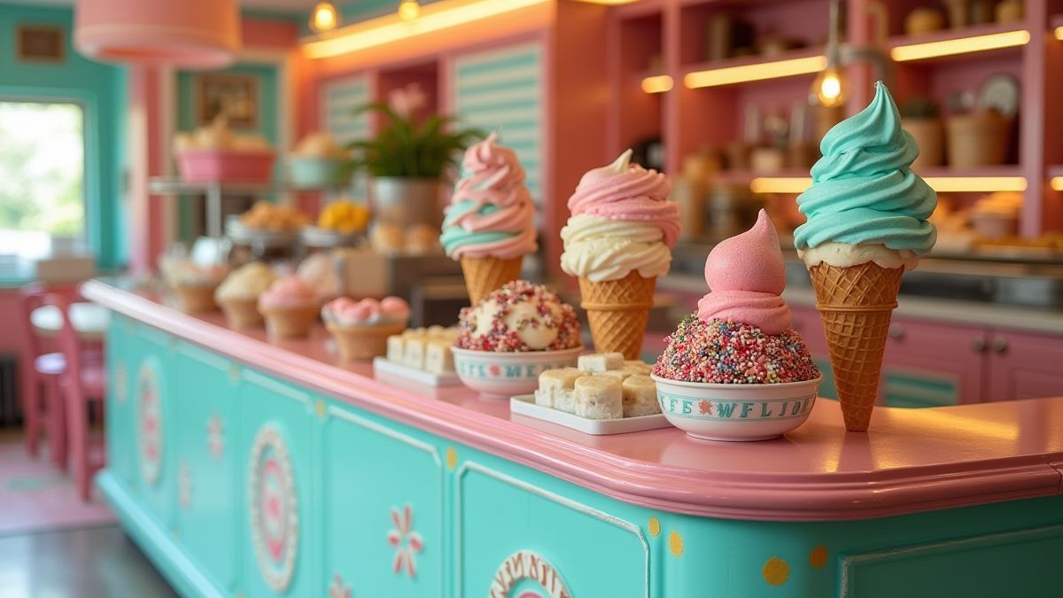 Una heladería estilo retro con colores pastel y dulces exhibidos.