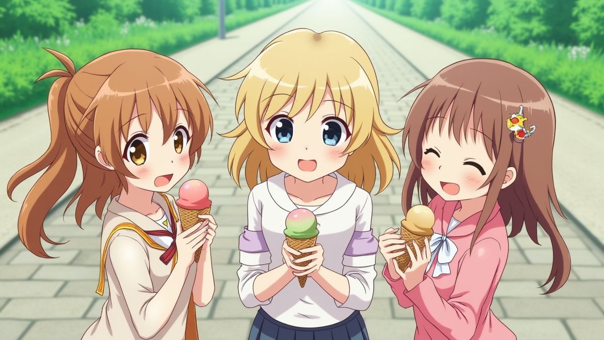Personajes animados disfrutando de helados en un parque.