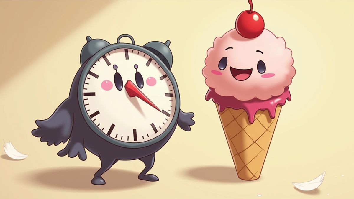 Un personaje animado configurando un temporizador junto a un cono de helado.