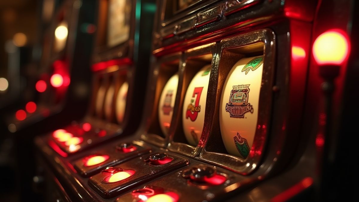 Vintage-Spielautomat mit leuchtenden Tasten.