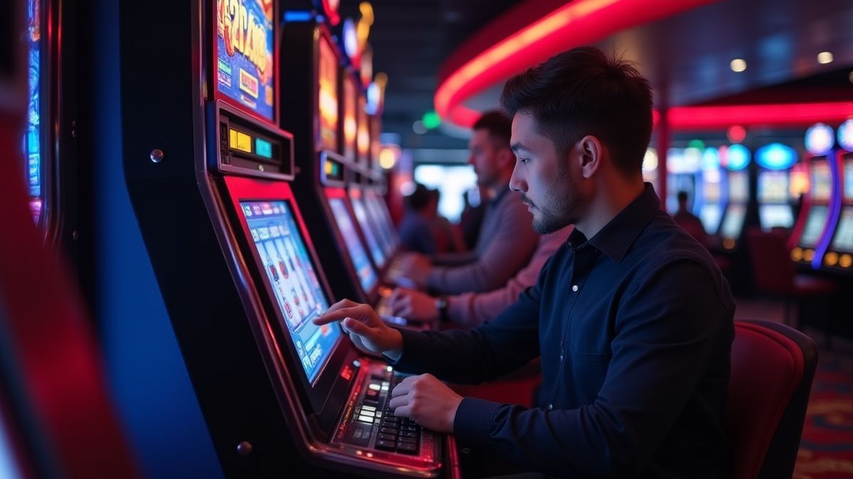 Spieler passt seinen Einsatz an einem Spielautomaten an.