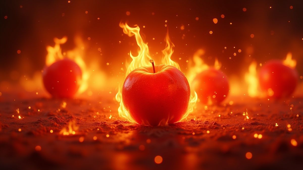 Brennende Früchte und teuflische Symbole vor einem Flammenhintergrund.