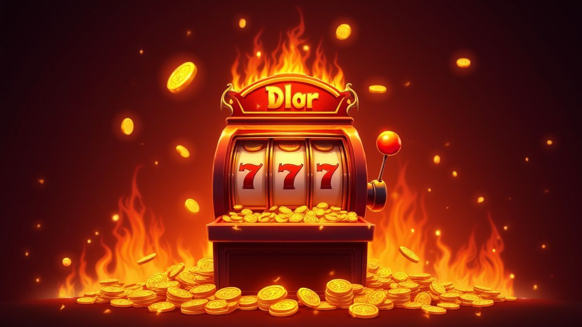 Ein brennender Spielautomat umgeben von leuchtenden Münzen und teuflischen Symbolen.