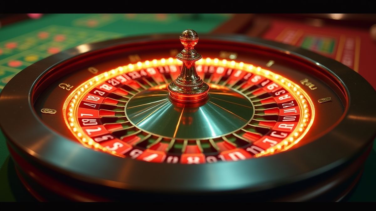 Rueda giratoria con segmentos verdes y rojos en un casino animado.