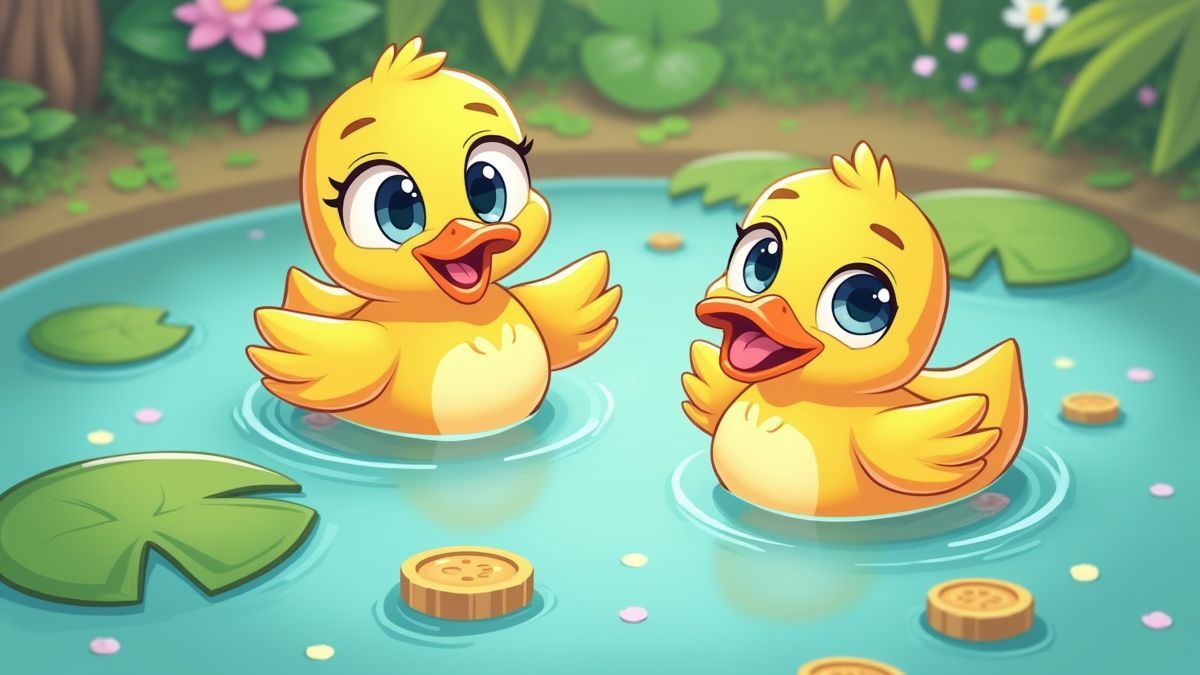 Patos de dibujos animados en un estanque colorido con monedas flotantes.