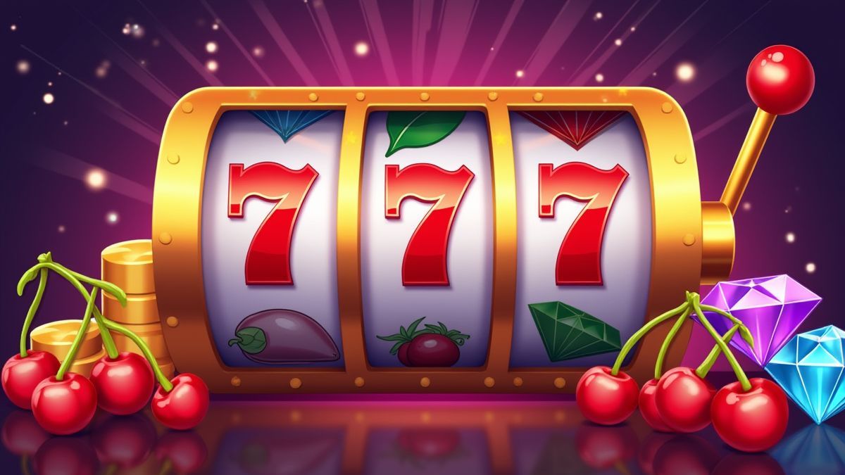 Symbols of cherries, bars, and diamonds in a classic slot design.