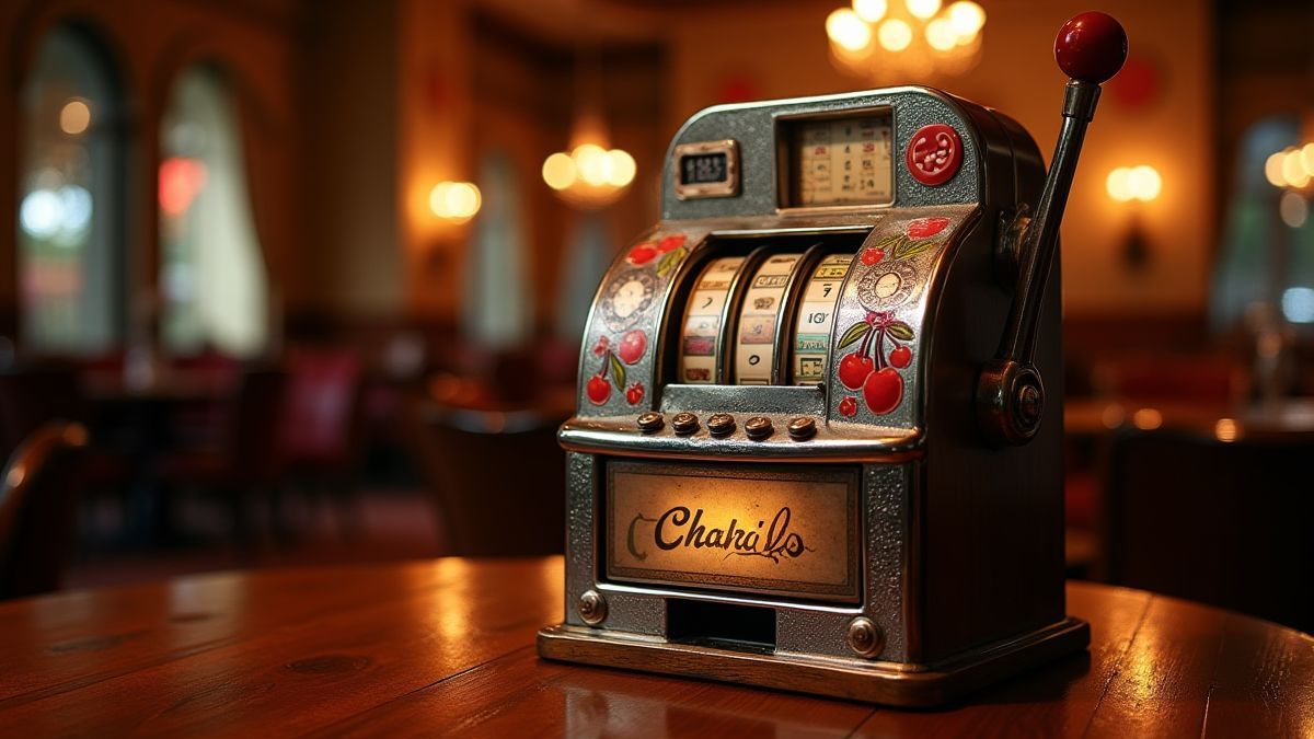 Vintage gokkast met klassieke symbolen in een gezellige omgeving.