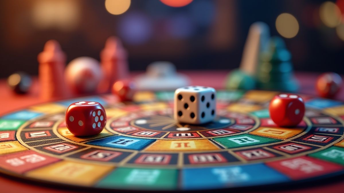 Kleurrijk bordspel met dobbelstenen en geluksymbolen in een casinothema.