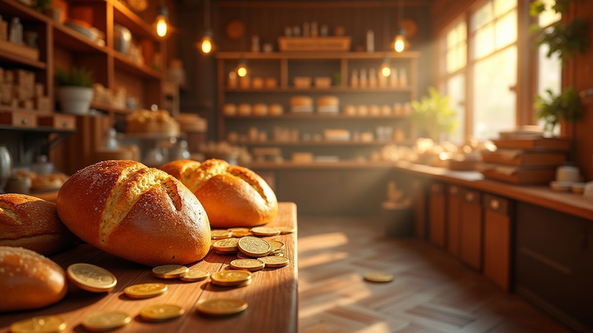 Interior de uma padaria acolhedora com pães dourados e moedas