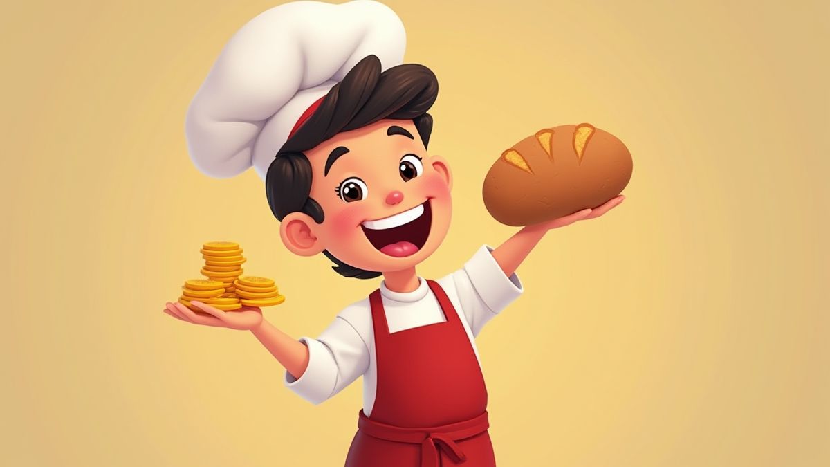 Um padeiro animado segurando moedas e um pão
