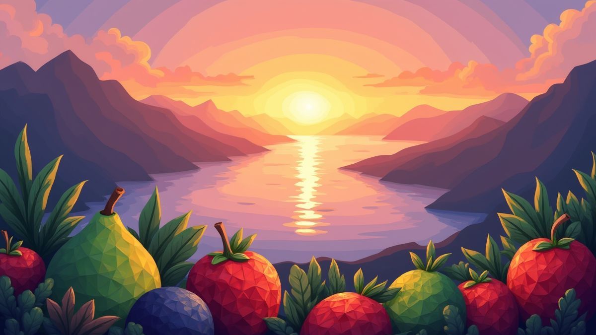 Bahía iluminada al atardecer con frutas geométricas